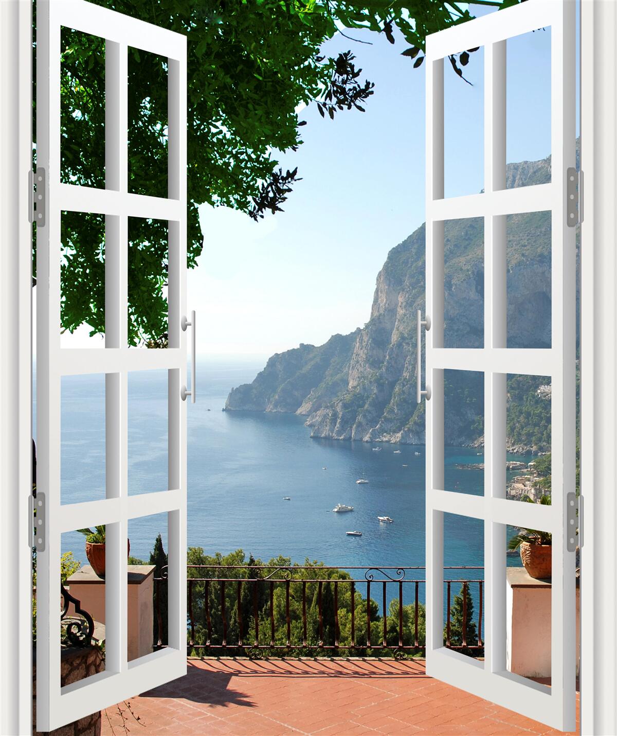 Carta da parati balcone con vista sulla pittoresca campagna