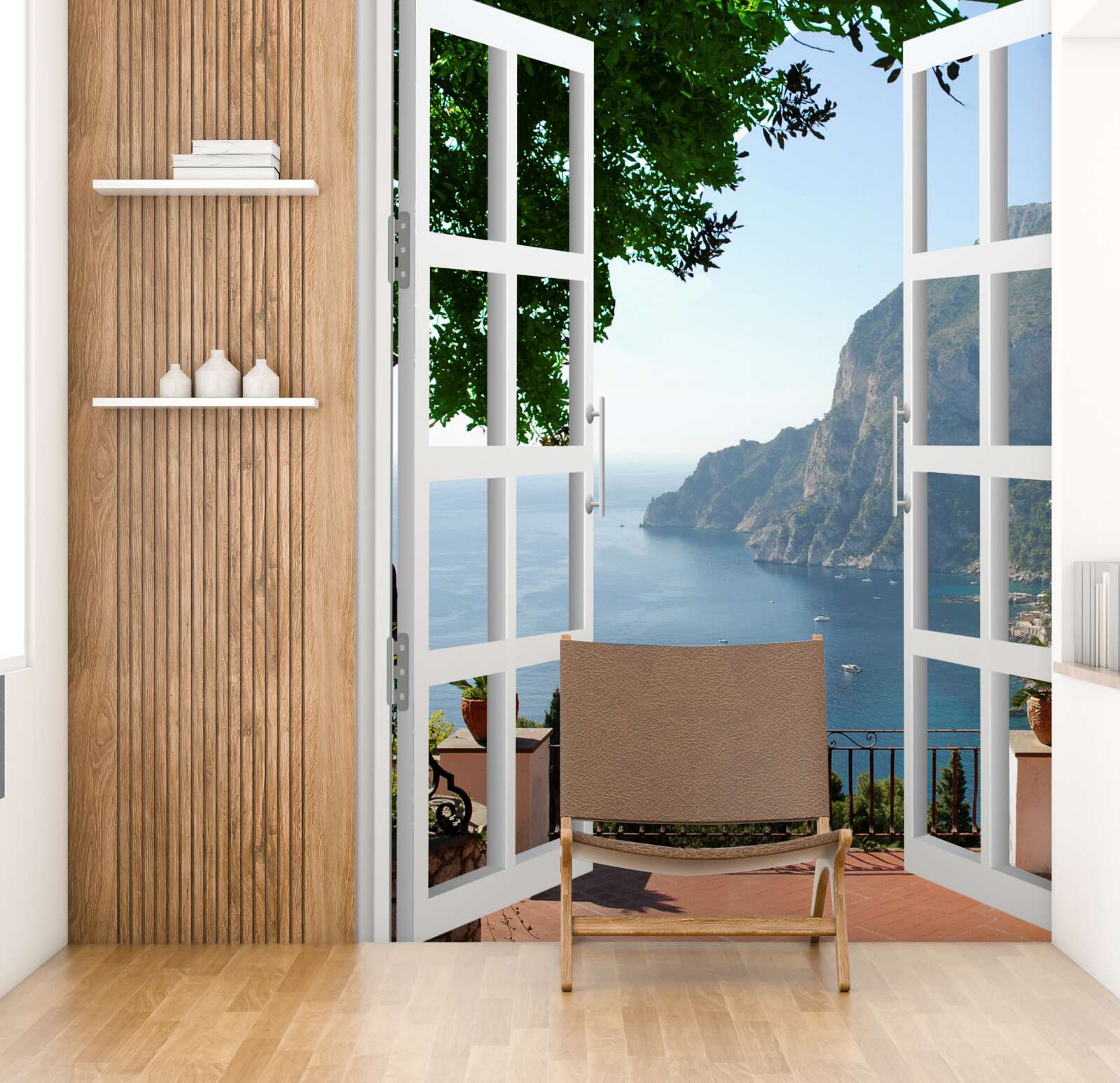 Carta da parati balcone con vista sulla pittoresca campagna