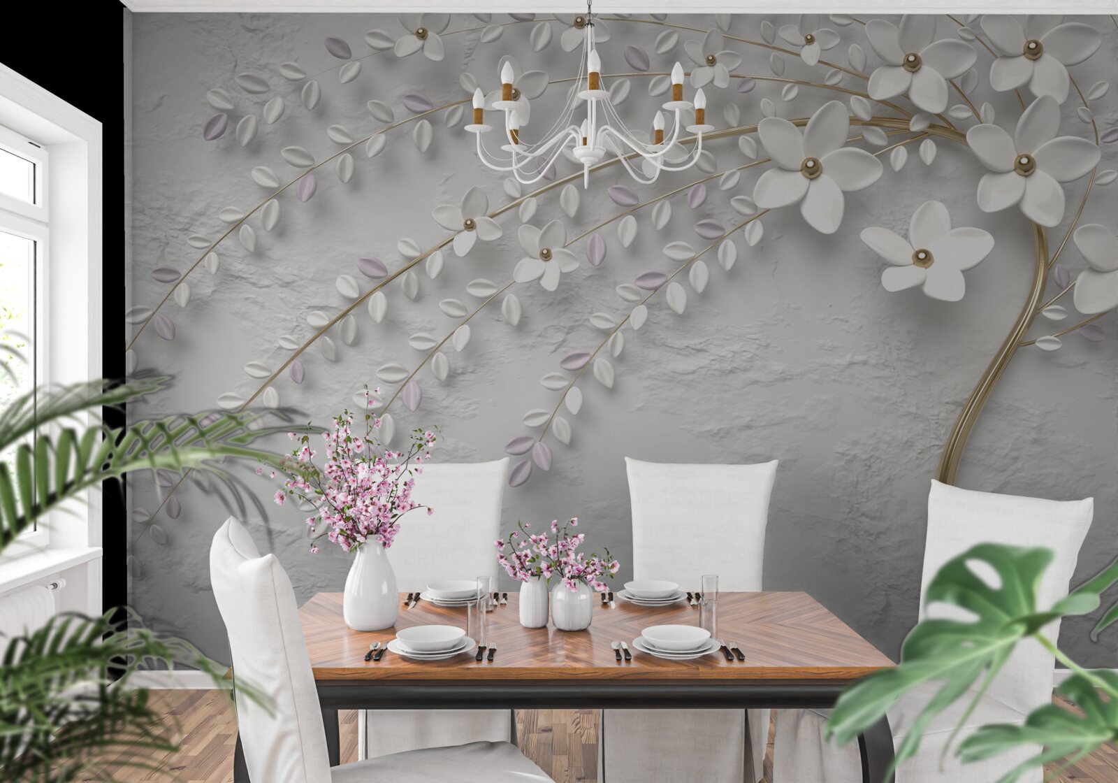 Carta da parati albero di primavera decorato con fiori bianchi