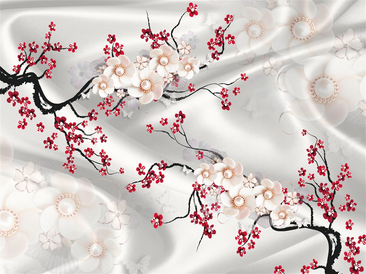 Carta da parati fiori sbocciati sui rami del sakura rosso