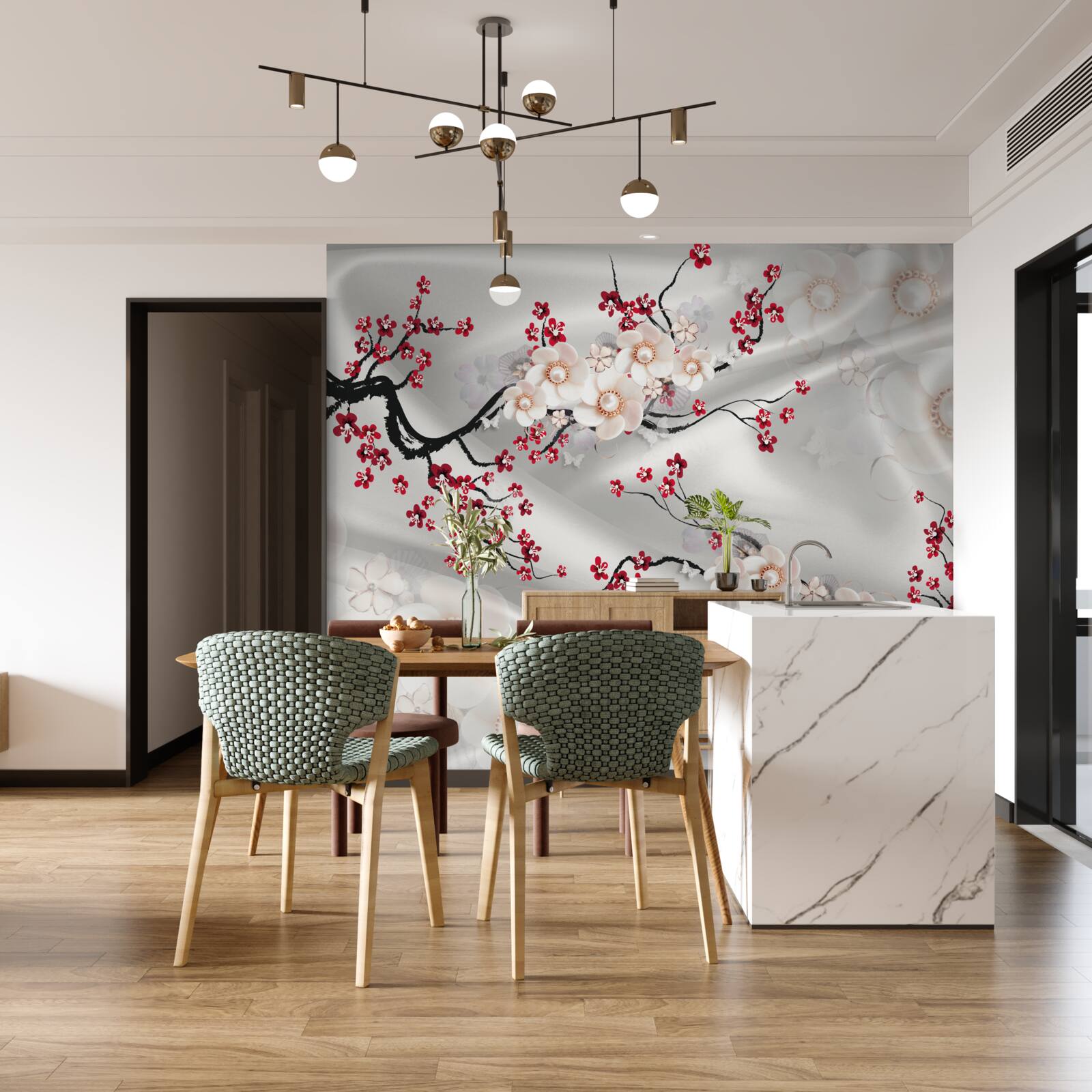 Carta da parati fiori sbocciati sui rami del sakura rosso