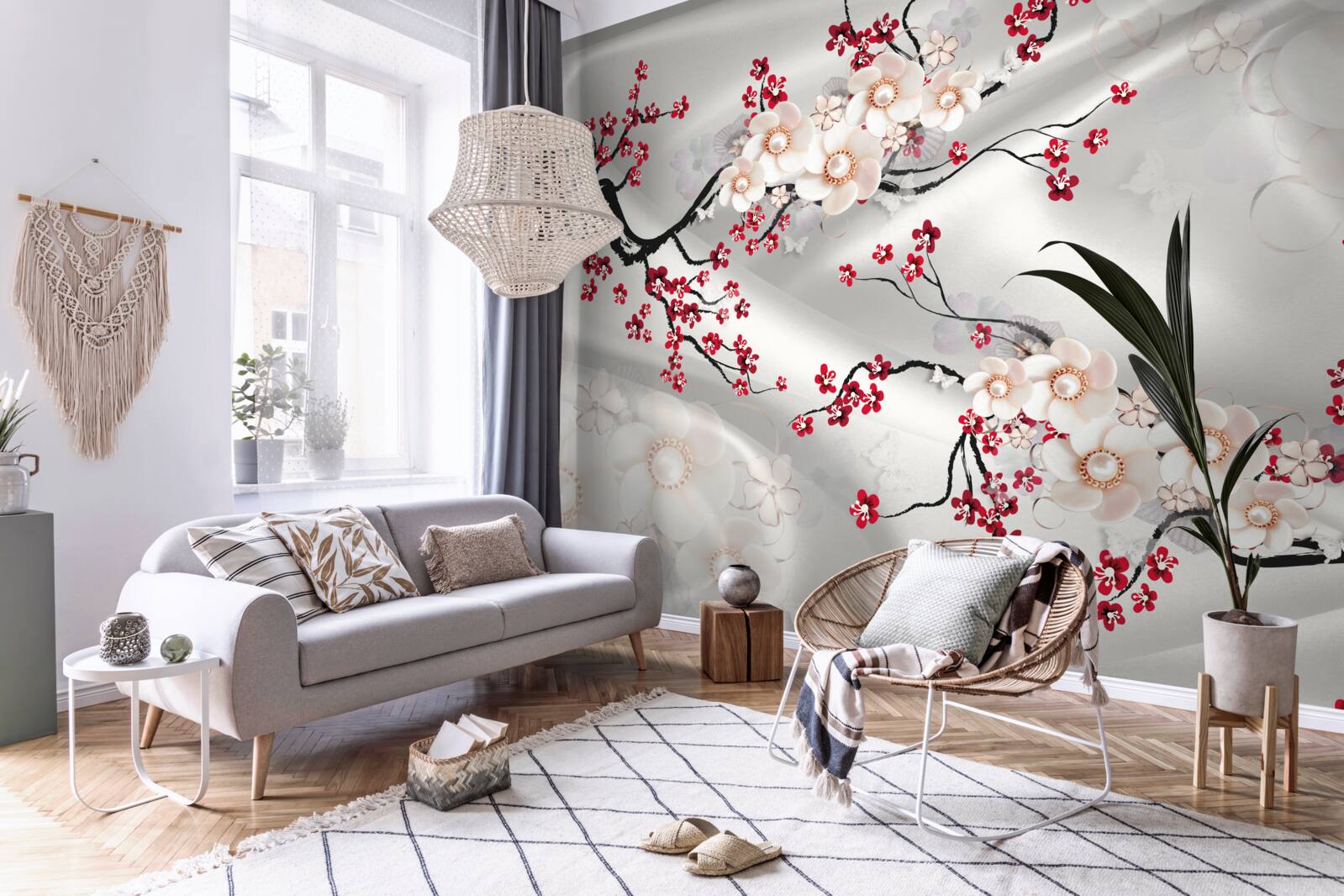 Carta da parati fiori sbocciati sui rami del sakura rosso