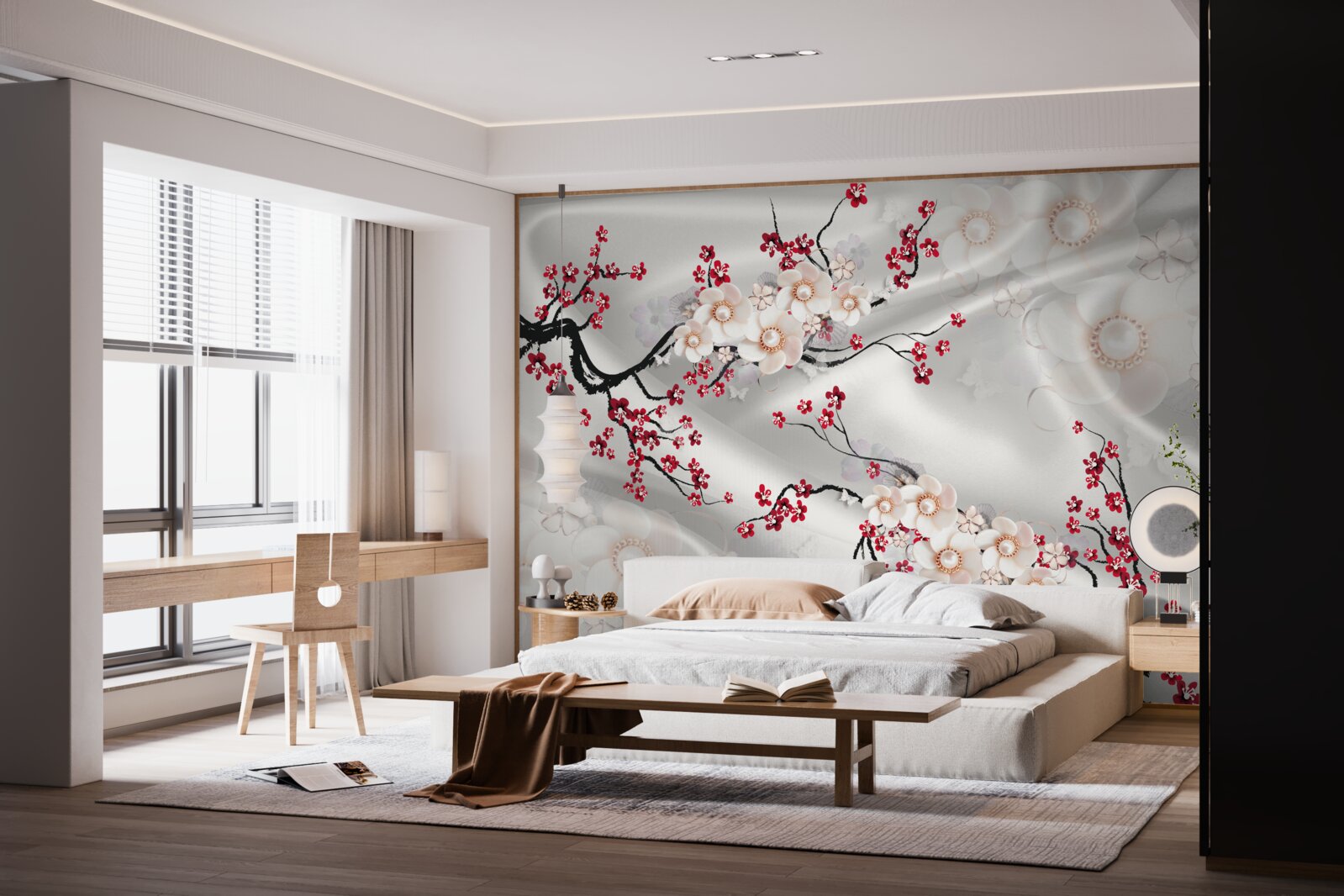 Carta da parati fiori sbocciati sui rami del sakura rosso
