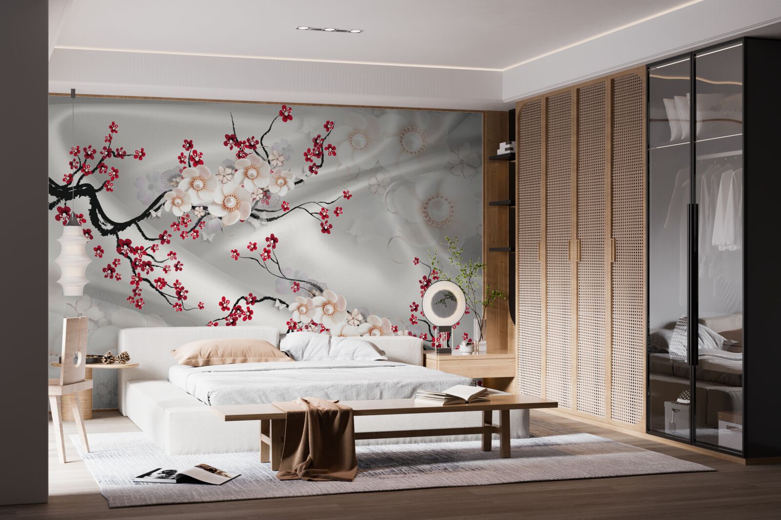 Carta da parati fiori sbocciati sui rami del sakura rosso