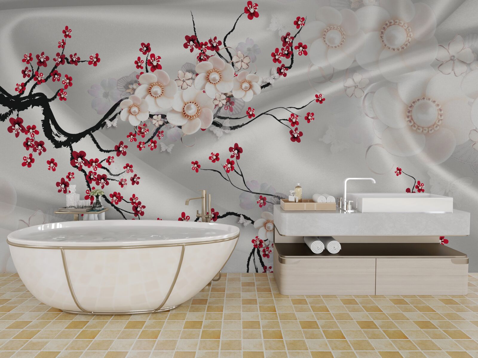 Carta da parati fiori sbocciati sui rami del sakura rosso
