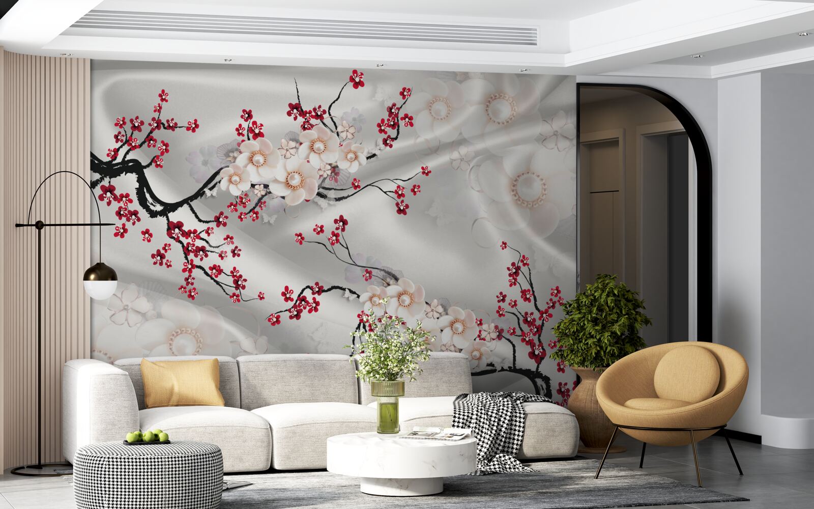 Carta da parati fiori sbocciati sui rami del sakura rosso