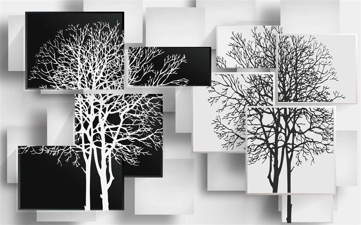 Carta da parati gli alberi sono in bianco e nero su uno sfondo di rettangoli