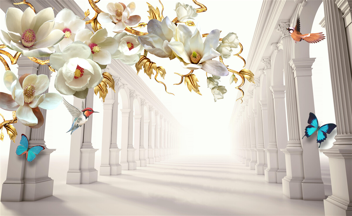 Carta da parati Gli archi sono decorati con farfalle e fiori bianchi con foglie dorate.