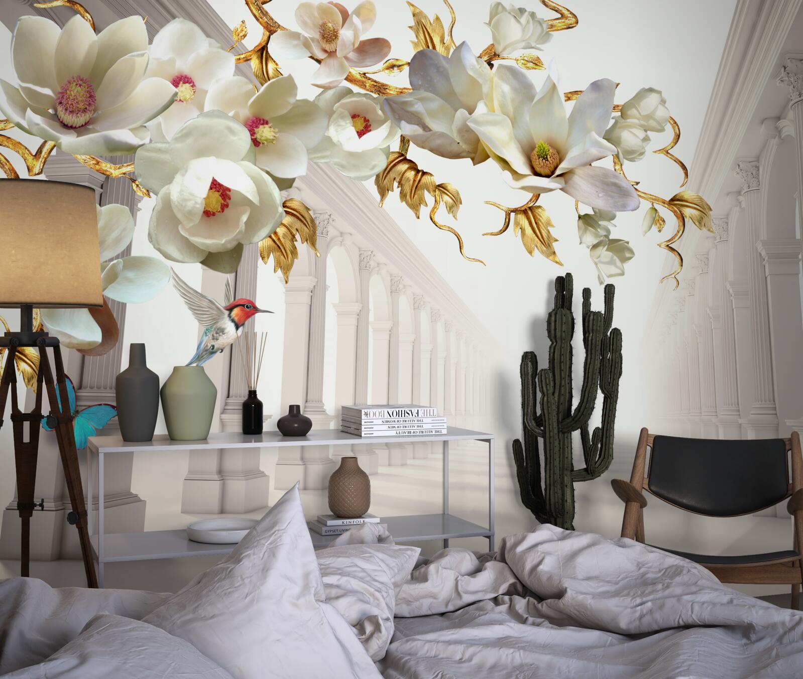 Carta da parati Gli archi sono decorati con farfalle e fiori bianchi con foglie dorate.