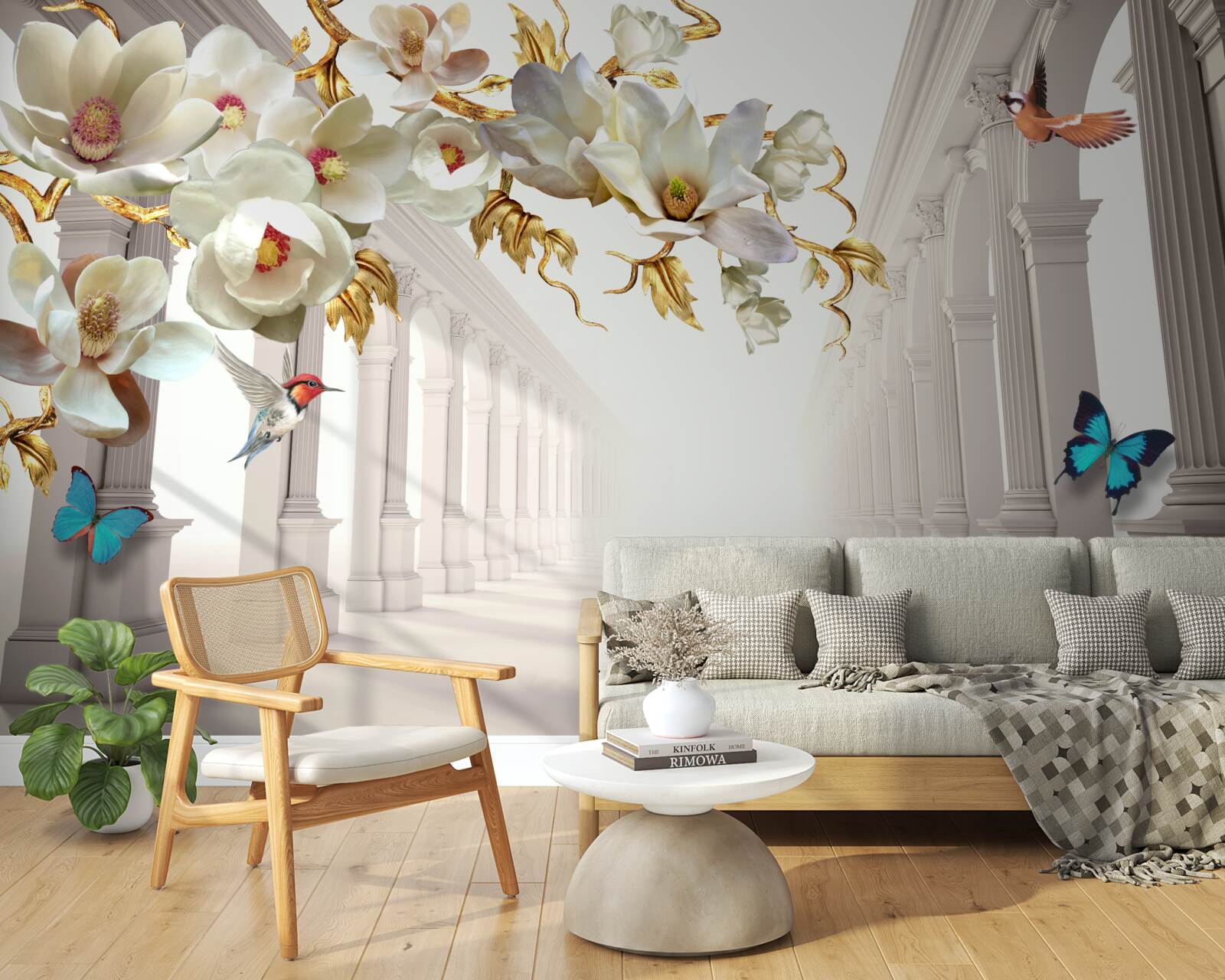 Carta da parati Gli archi sono decorati con farfalle e fiori bianchi con foglie dorate.