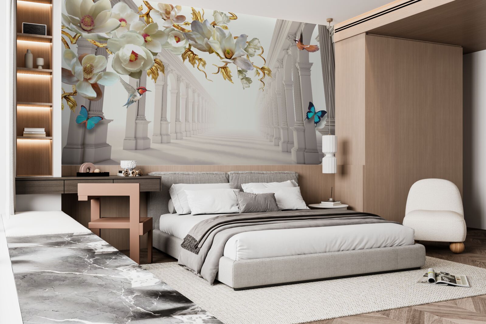 Carta da parati Gli archi sono decorati con farfalle e fiori bianchi con foglie dorate.
