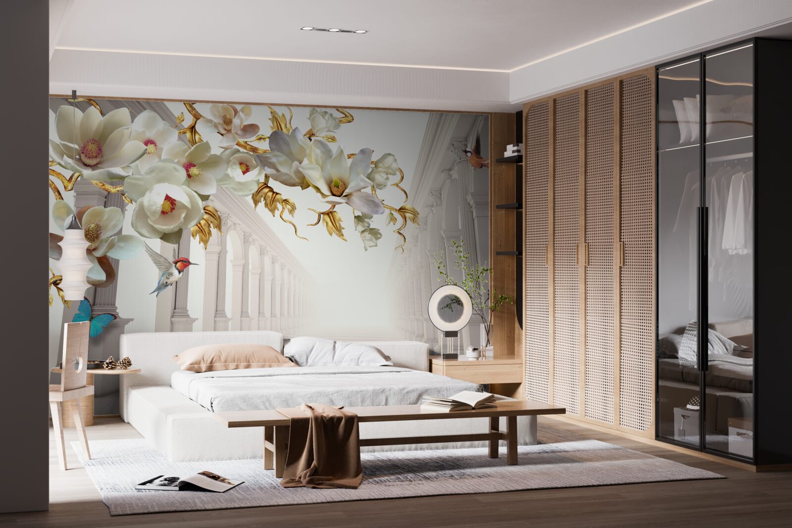 Carta da parati Gli archi sono decorati con farfalle e fiori bianchi con foglie dorate.