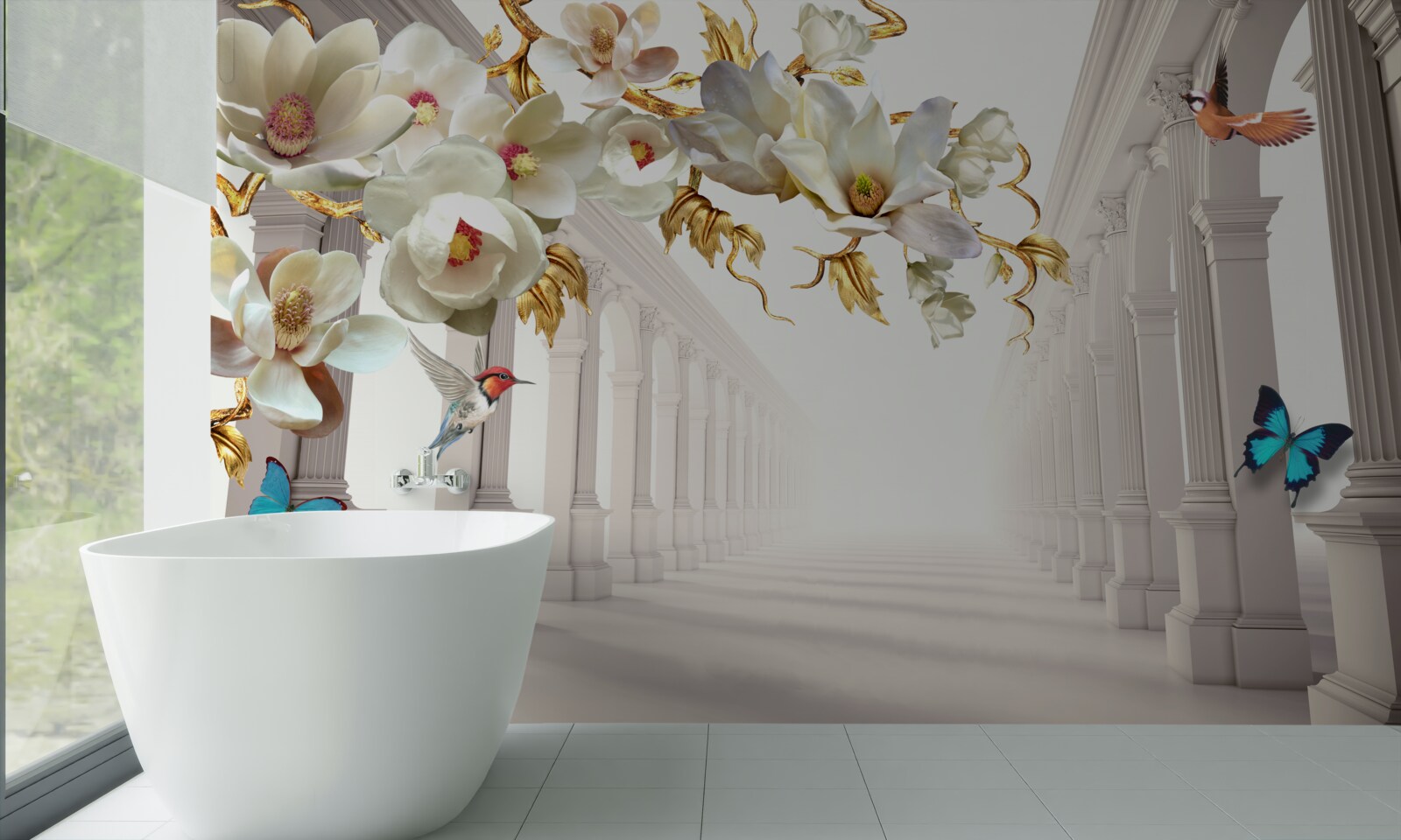 Carta da parati Gli archi sono decorati con farfalle e fiori bianchi con foglie dorate.