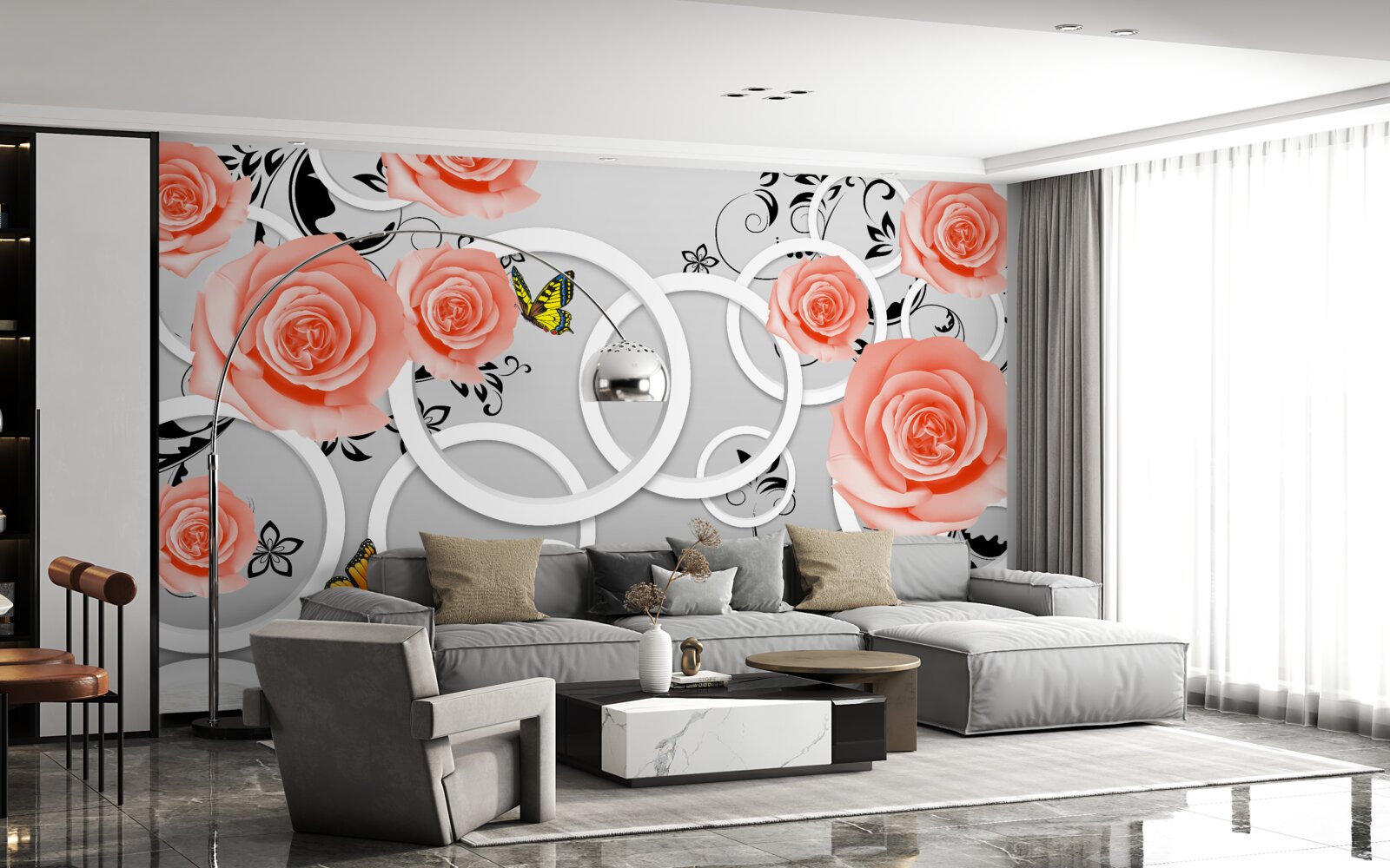 Carta da parati delicati boccioli di rose color pesca