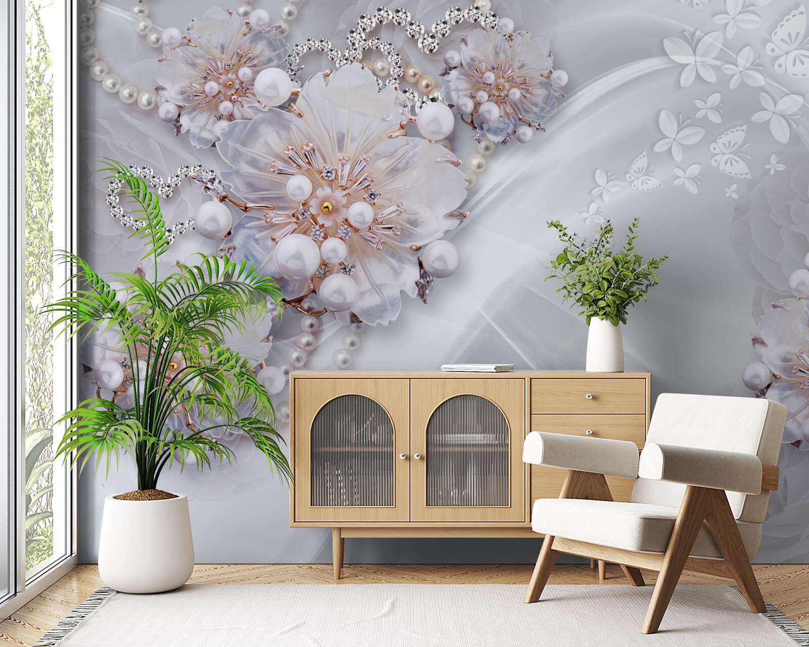 Carta da parati sulla seta ci sono delicati fiori decorati con perle