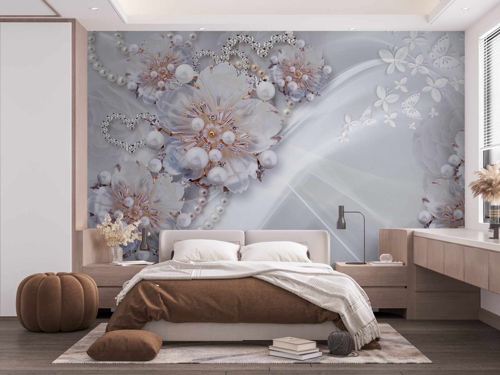 Carta da parati sulla seta ci sono delicati fiori decorati con perle