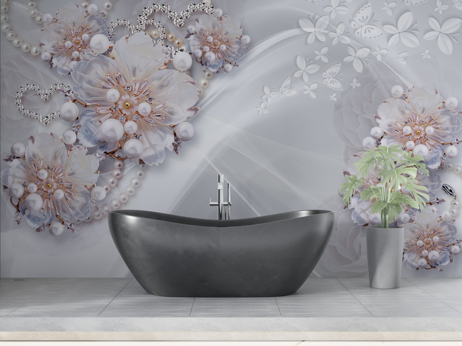 Carta da parati sulla seta ci sono delicati fiori decorati con perle