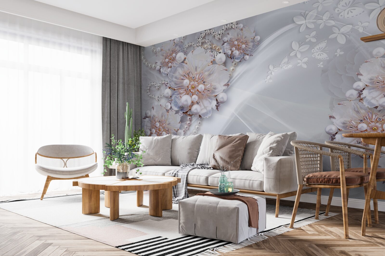 Carta da parati sulla seta ci sono delicati fiori decorati con perle