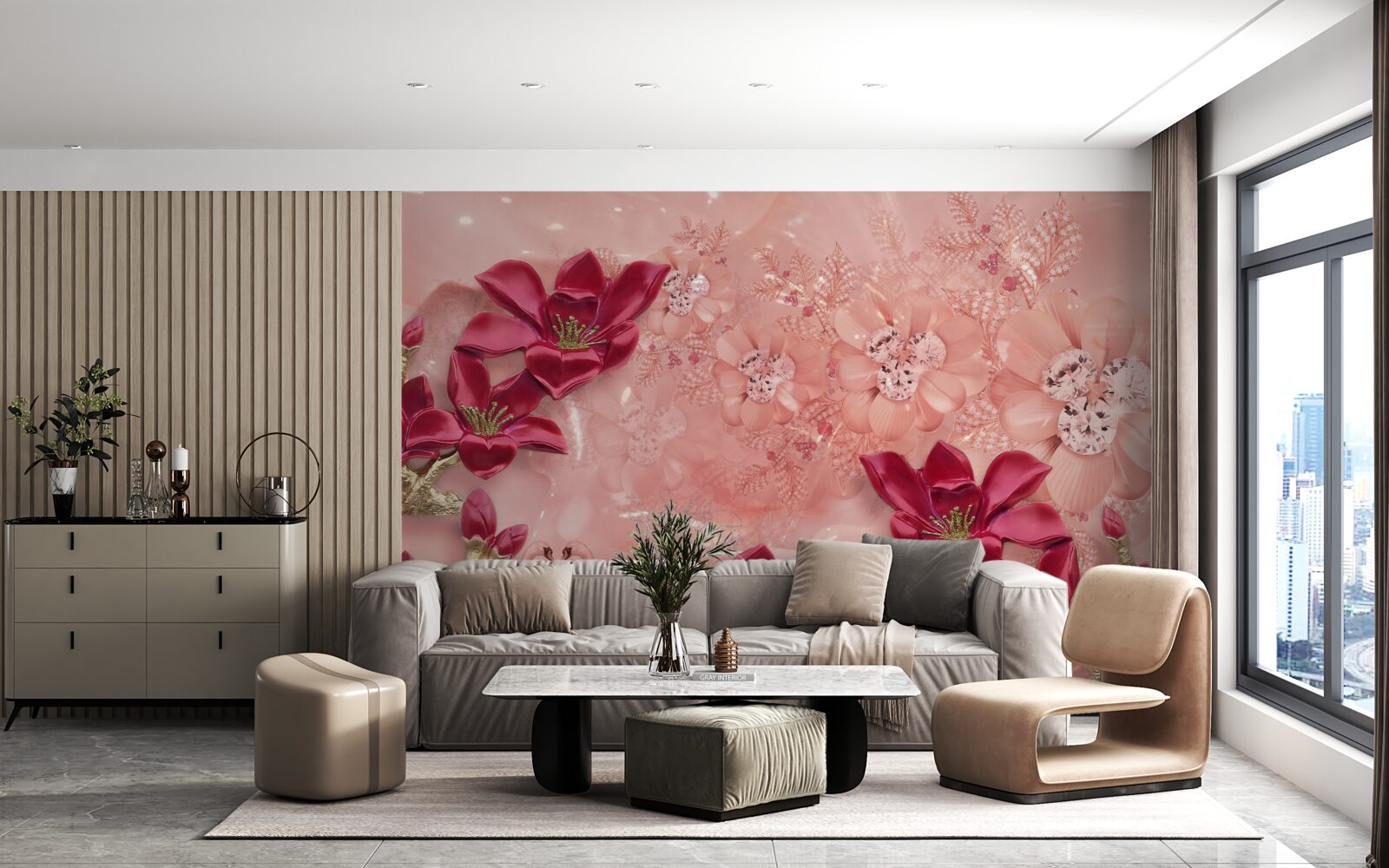 Carta da parati i colori sono rosso su seta rosa