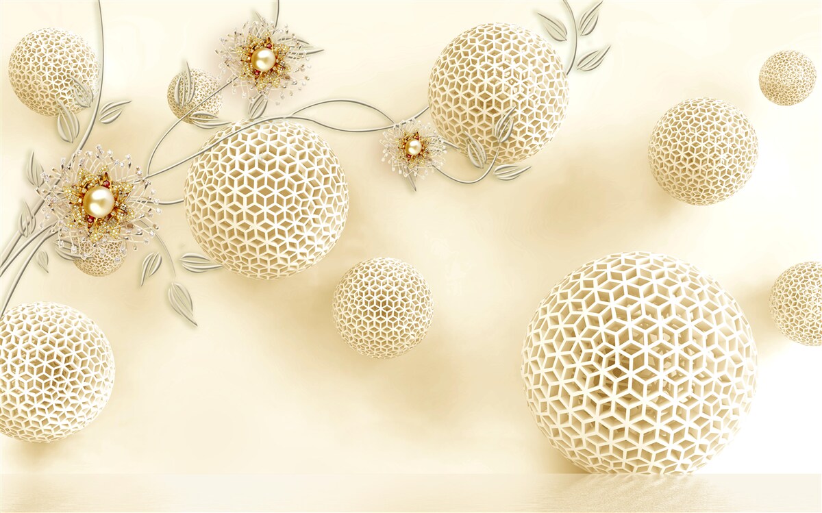 Carta da parati palline di texture che fluttuano nell'aria e fiori bianchi