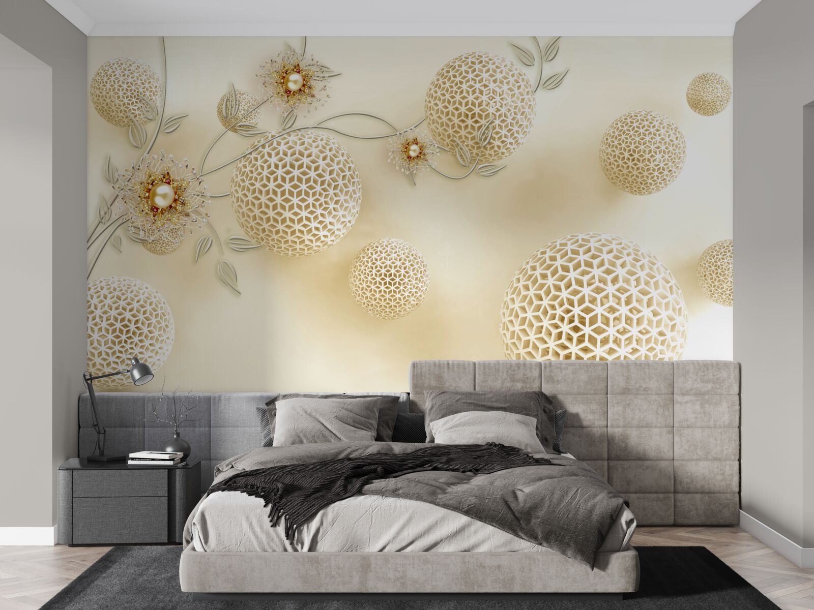Carta da parati palline di texture che fluttuano nell'aria e fiori bianchi