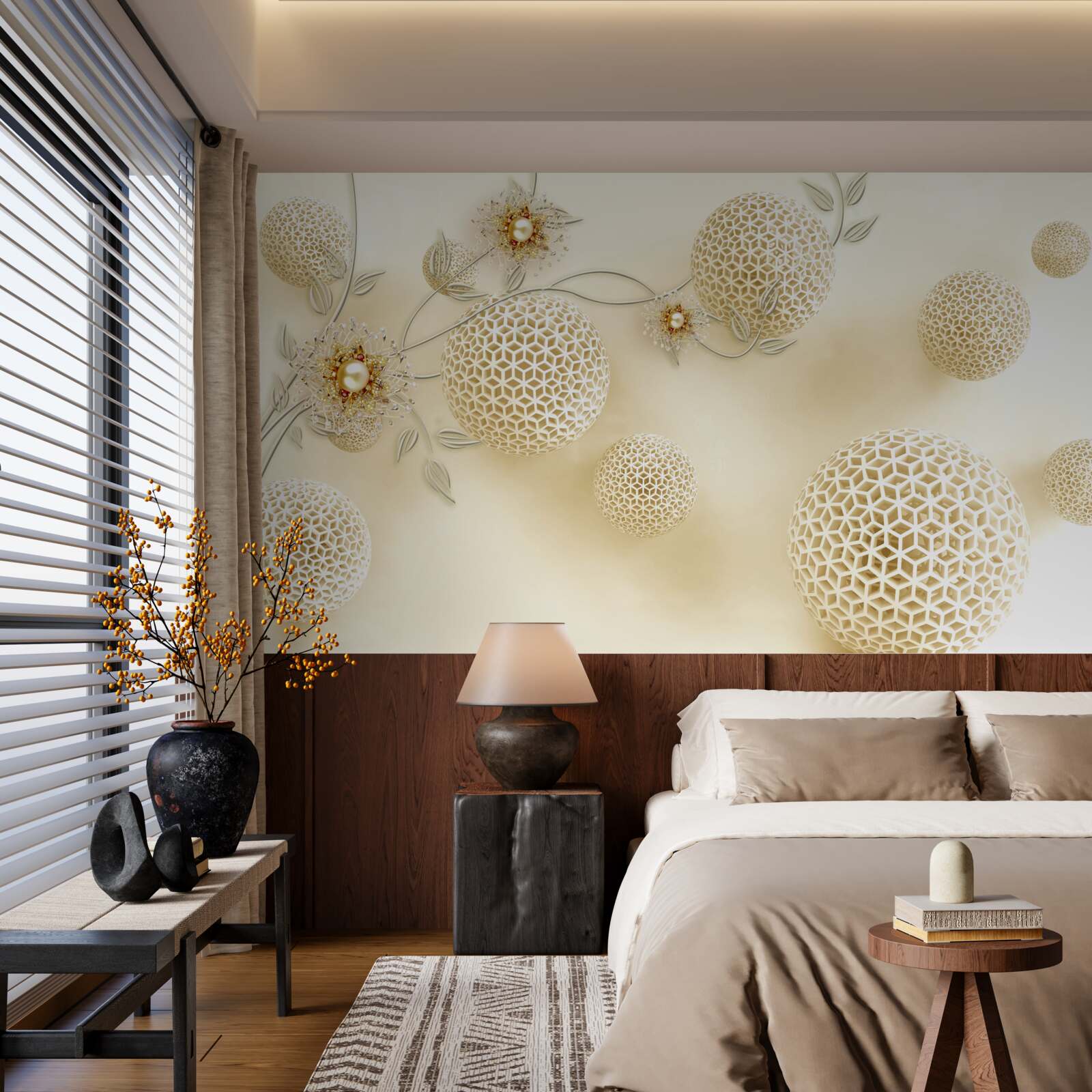 Carta da parati palline di texture che fluttuano nell'aria e fiori bianchi