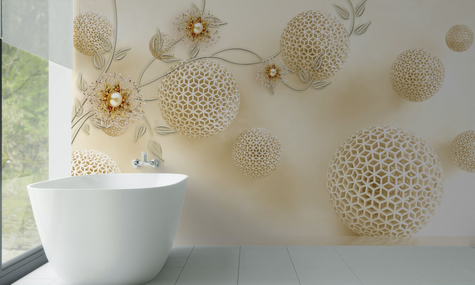 Carta da parati palline di texture che fluttuano nell'aria e fiori bianchi