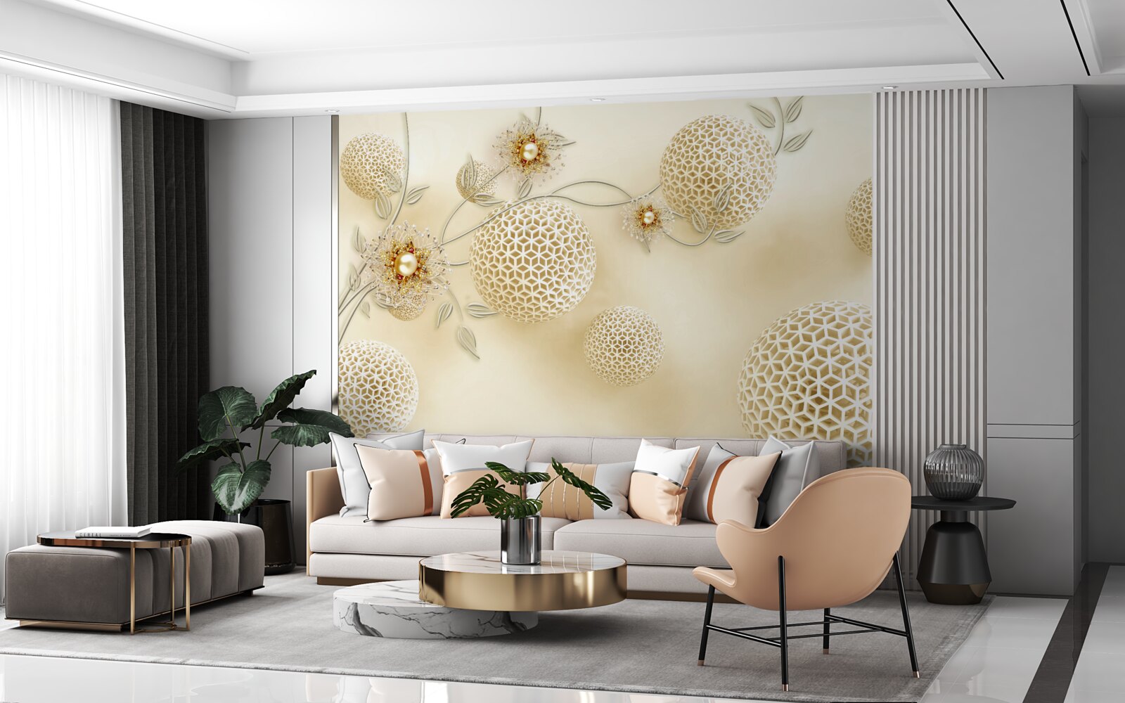 Carta da parati palline di texture che fluttuano nell'aria e fiori bianchi