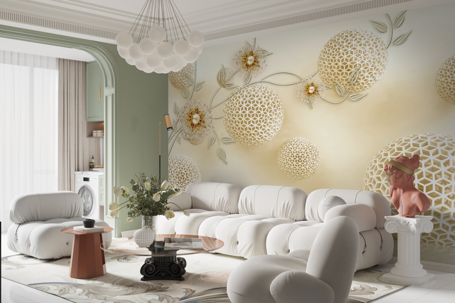 Carta da parati palline di texture che fluttuano nell'aria e fiori bianchi