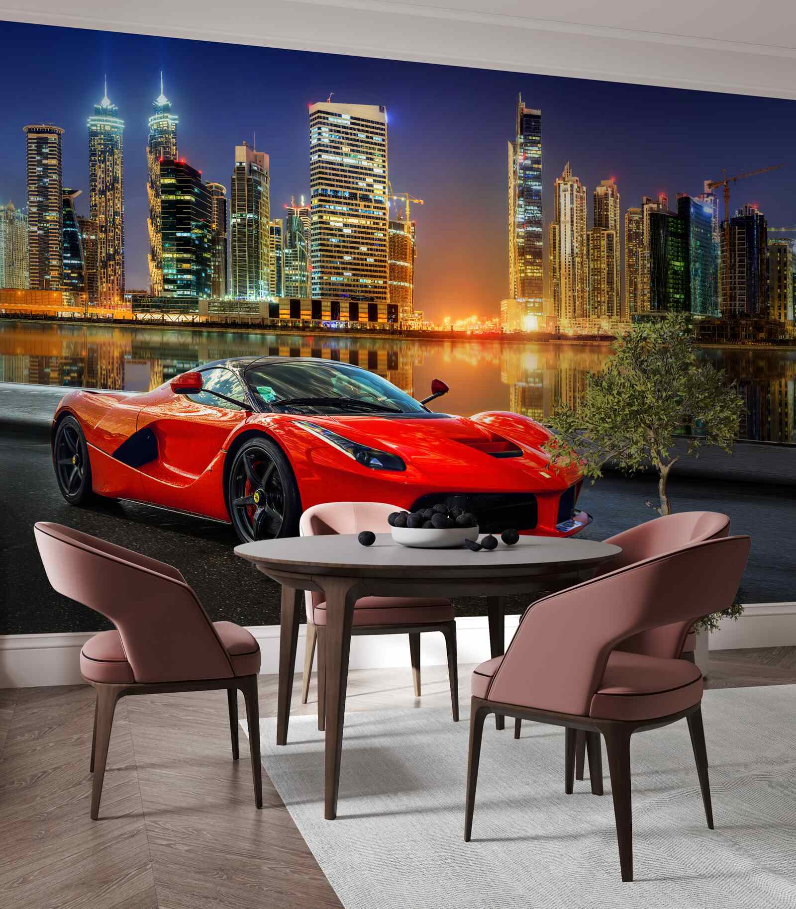 Carta da parati auto sportiva con un paesaggio urbano notturno sullo sfondo