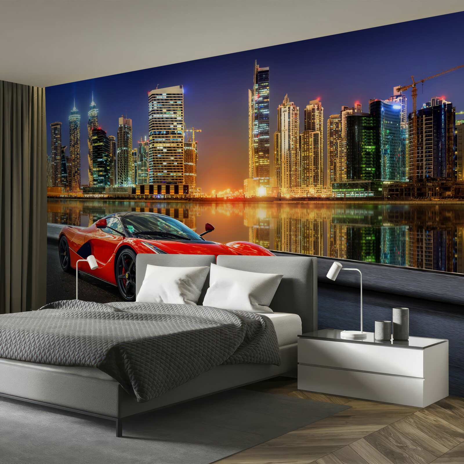 Carta da parati auto sportiva con un paesaggio urbano notturno sullo sfondo
