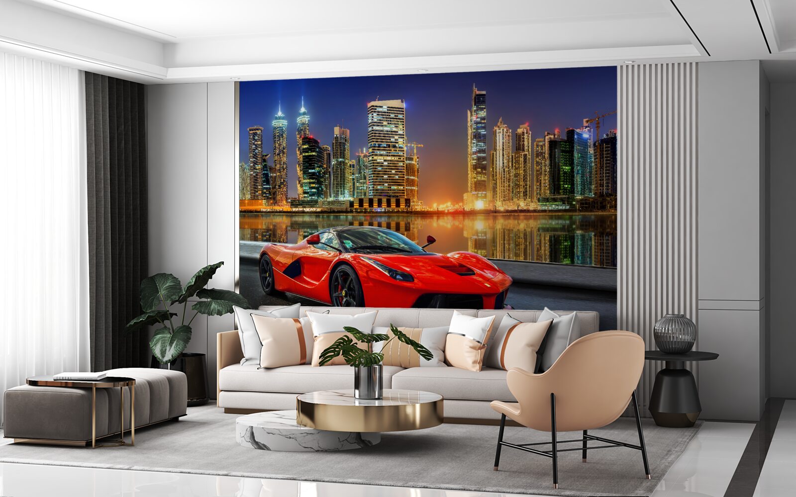Carta da parati auto sportiva con un paesaggio urbano notturno sullo sfondo