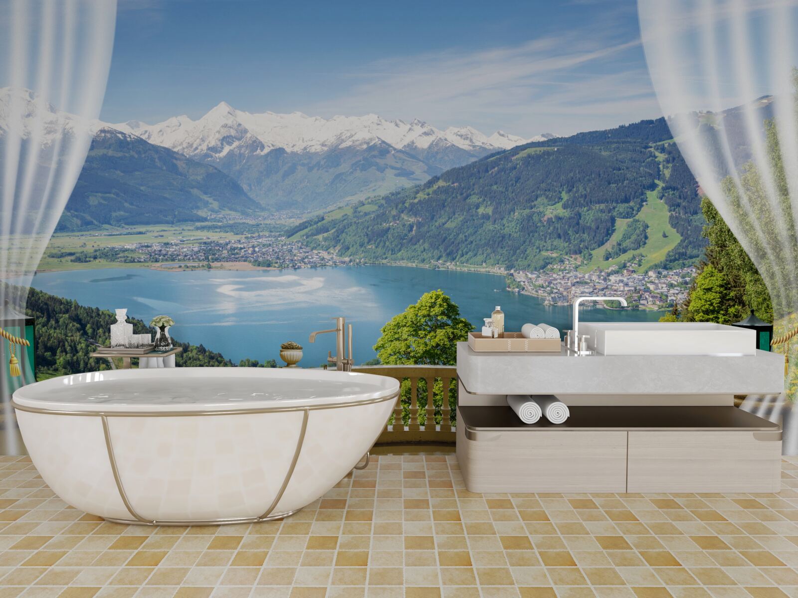Carta da parati comodo balcone con magnifico panorama