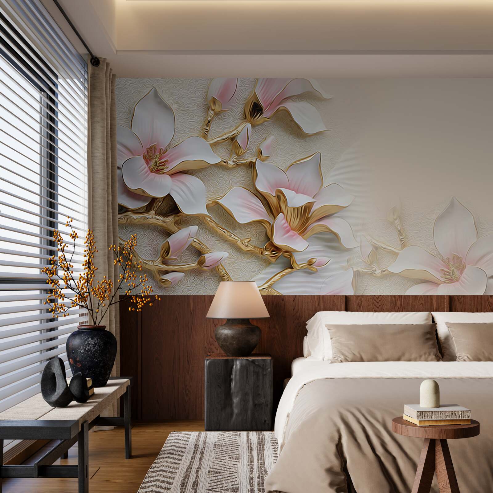 Carta da parati fiori nei toni del rosa e dell'oro