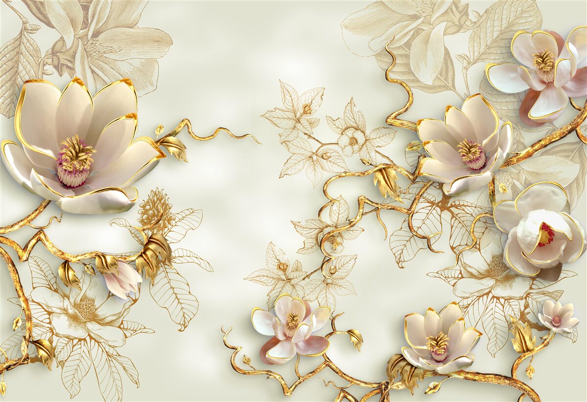 Carta da parati rami punteggiati di fiori dorati e bianchi come la neve