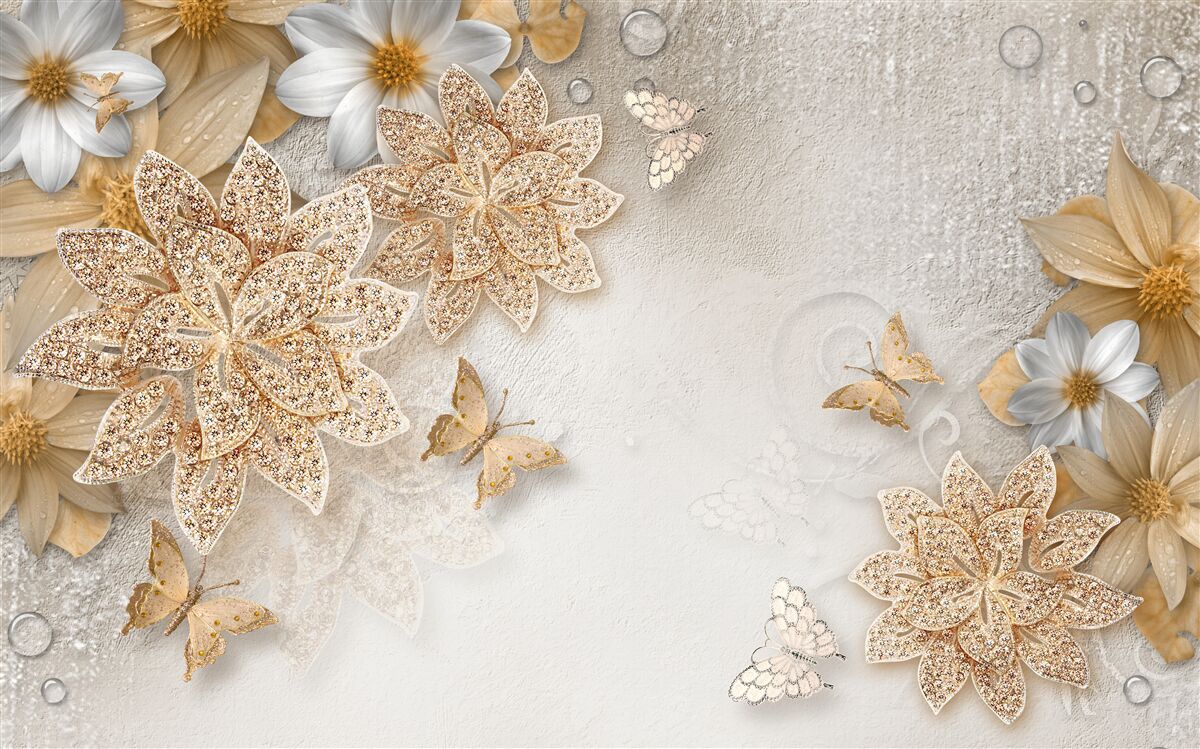 Carta da parati loto bianco e fiori con divisione in oro
