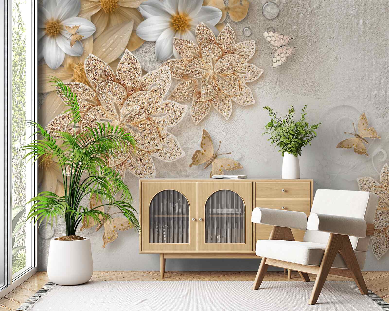 Carta da parati loto bianco e fiori con divisione in oro