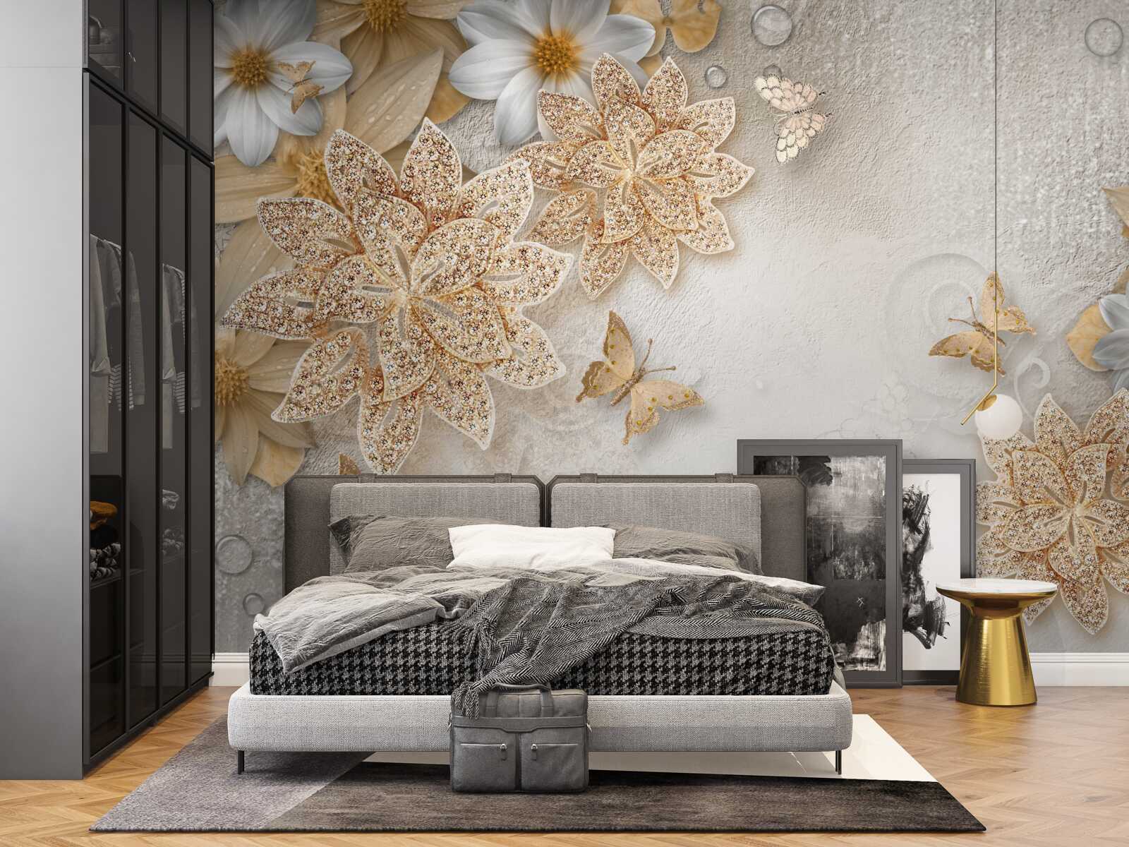 Carta da parati loto bianco e fiori con divisione in oro