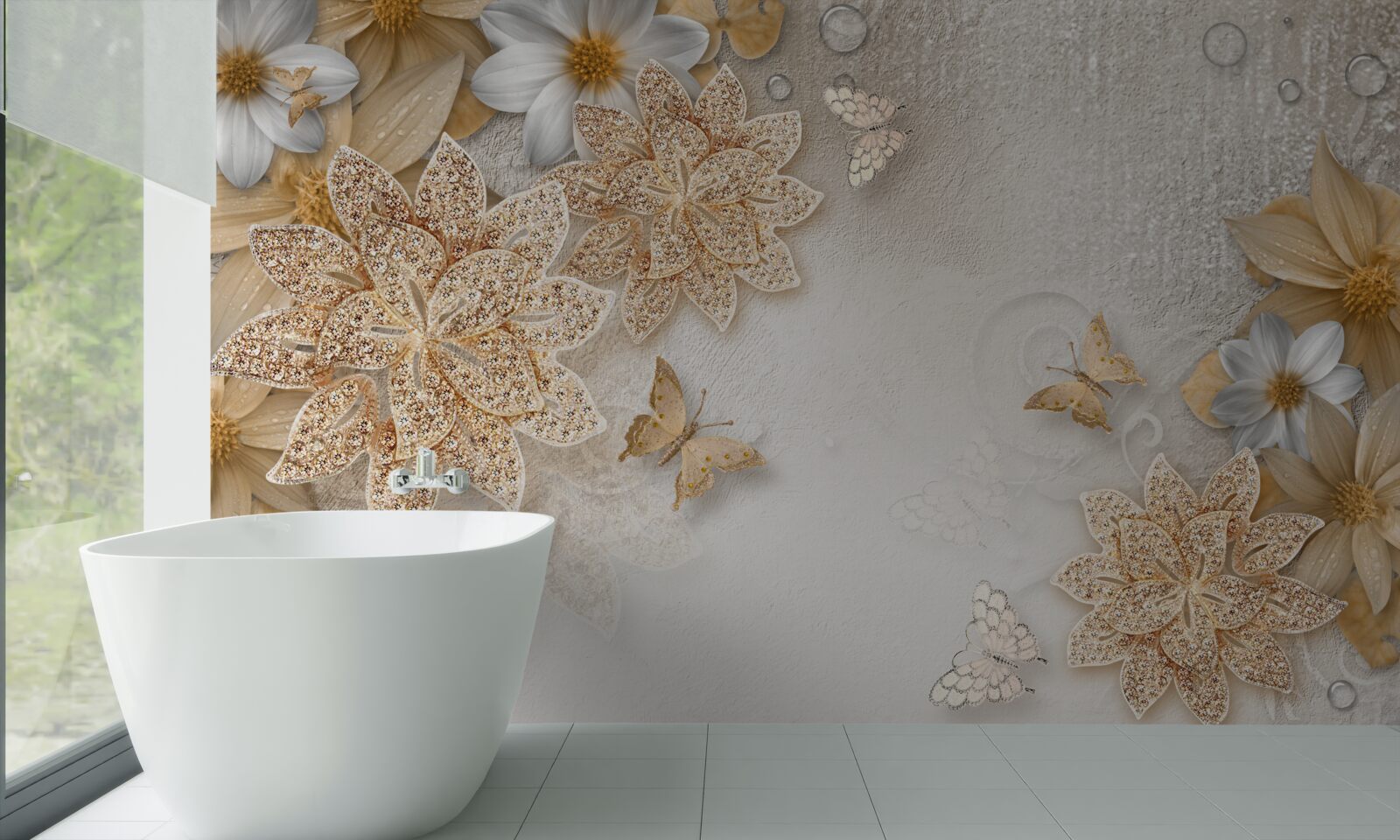 Carta da parati loto bianco e fiori con divisione in oro