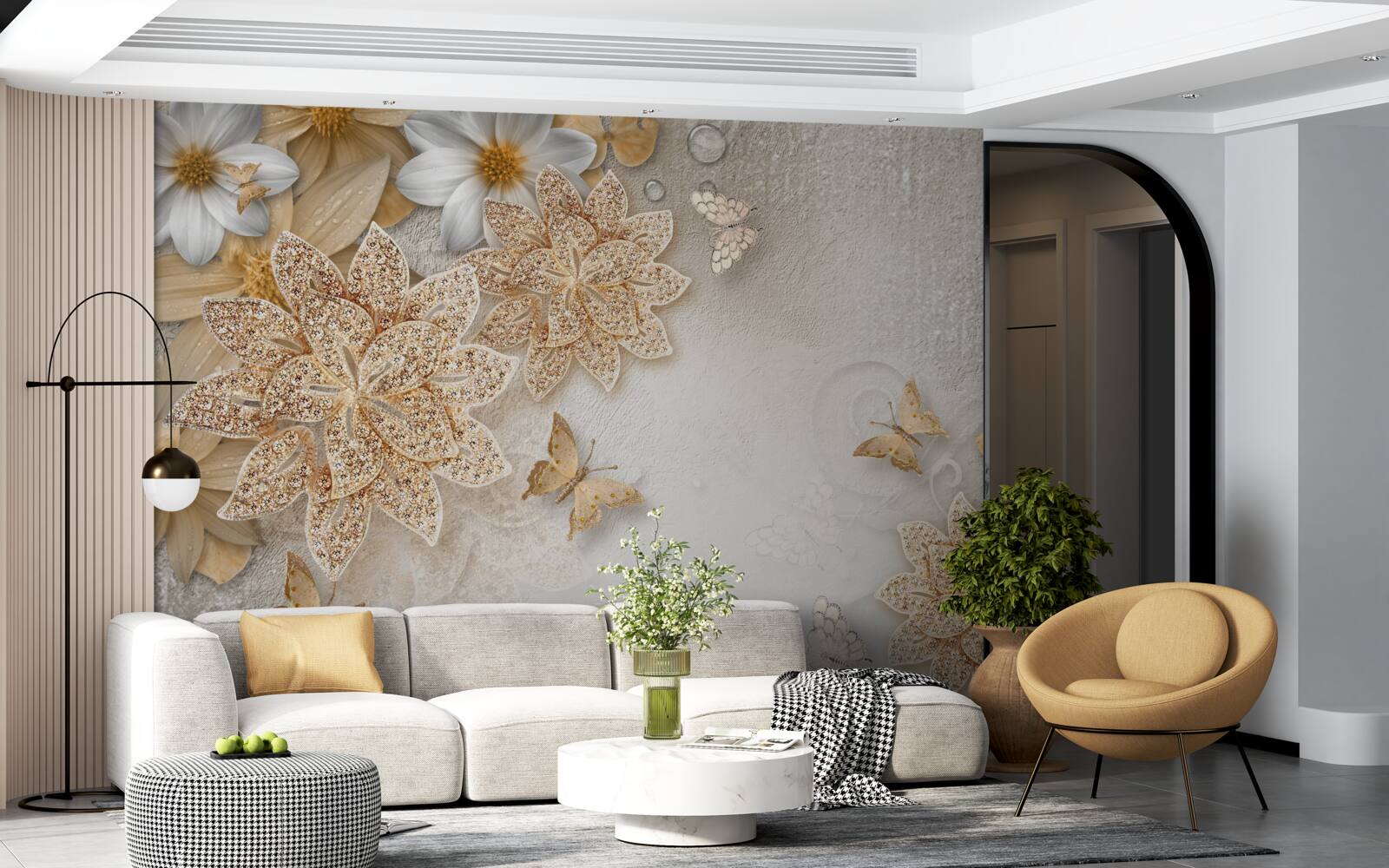 Carta da parati loto bianco e fiori con divisione in oro
