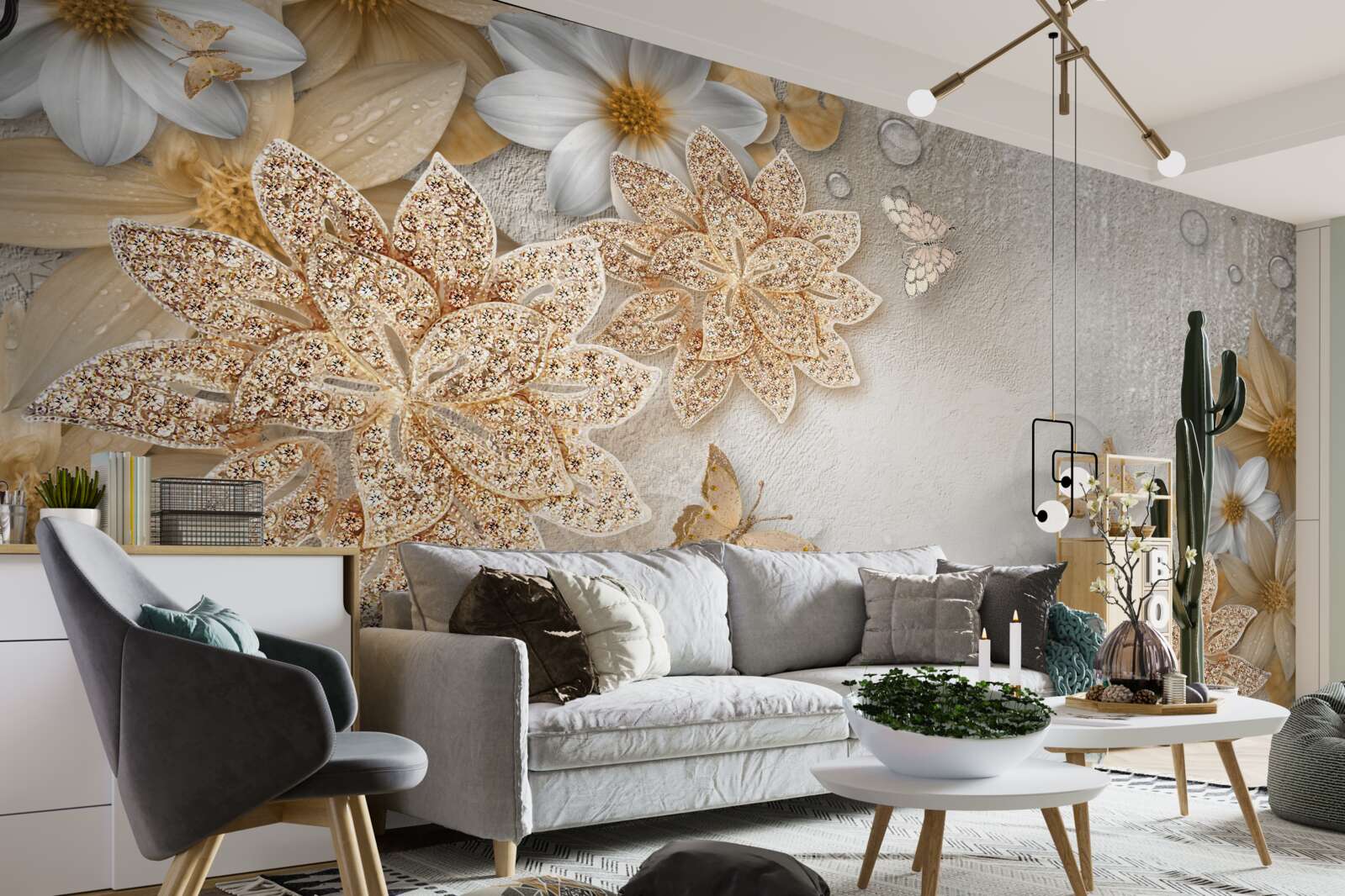 Carta da parati loto bianco e fiori con divisione in oro