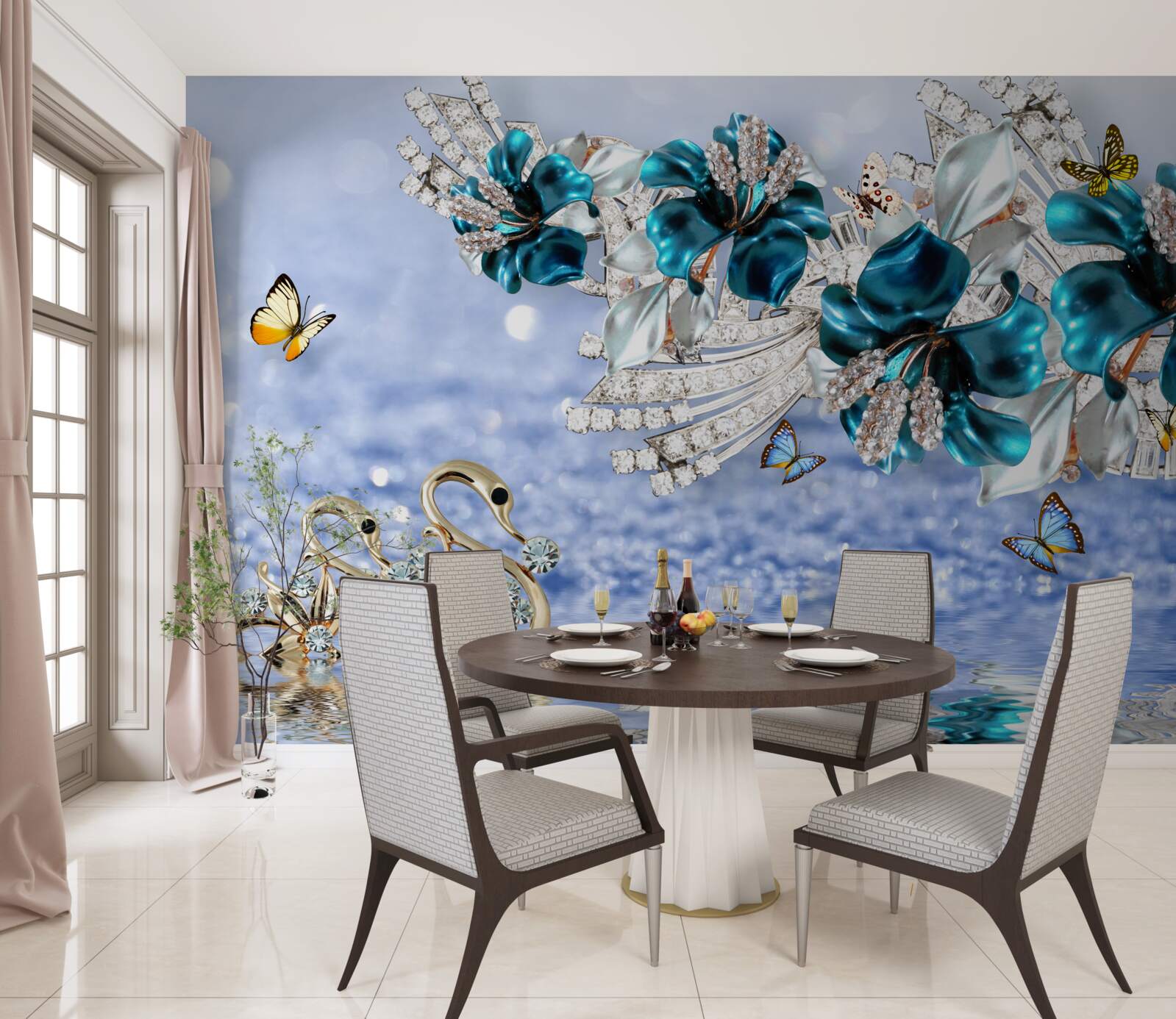 Carta da parati magnolie con fiori blu cristallino e farfalle