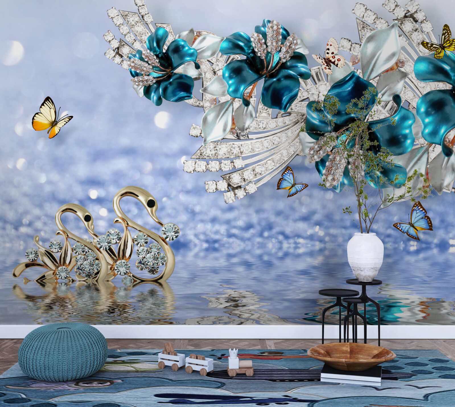 Carta da parati magnolie con fiori blu cristallino e farfalle