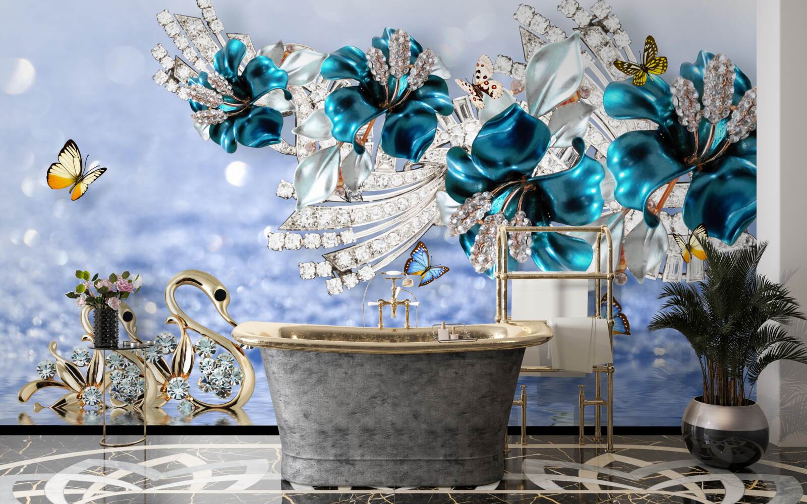 Carta da parati magnolie con fiori blu cristallino e farfalle