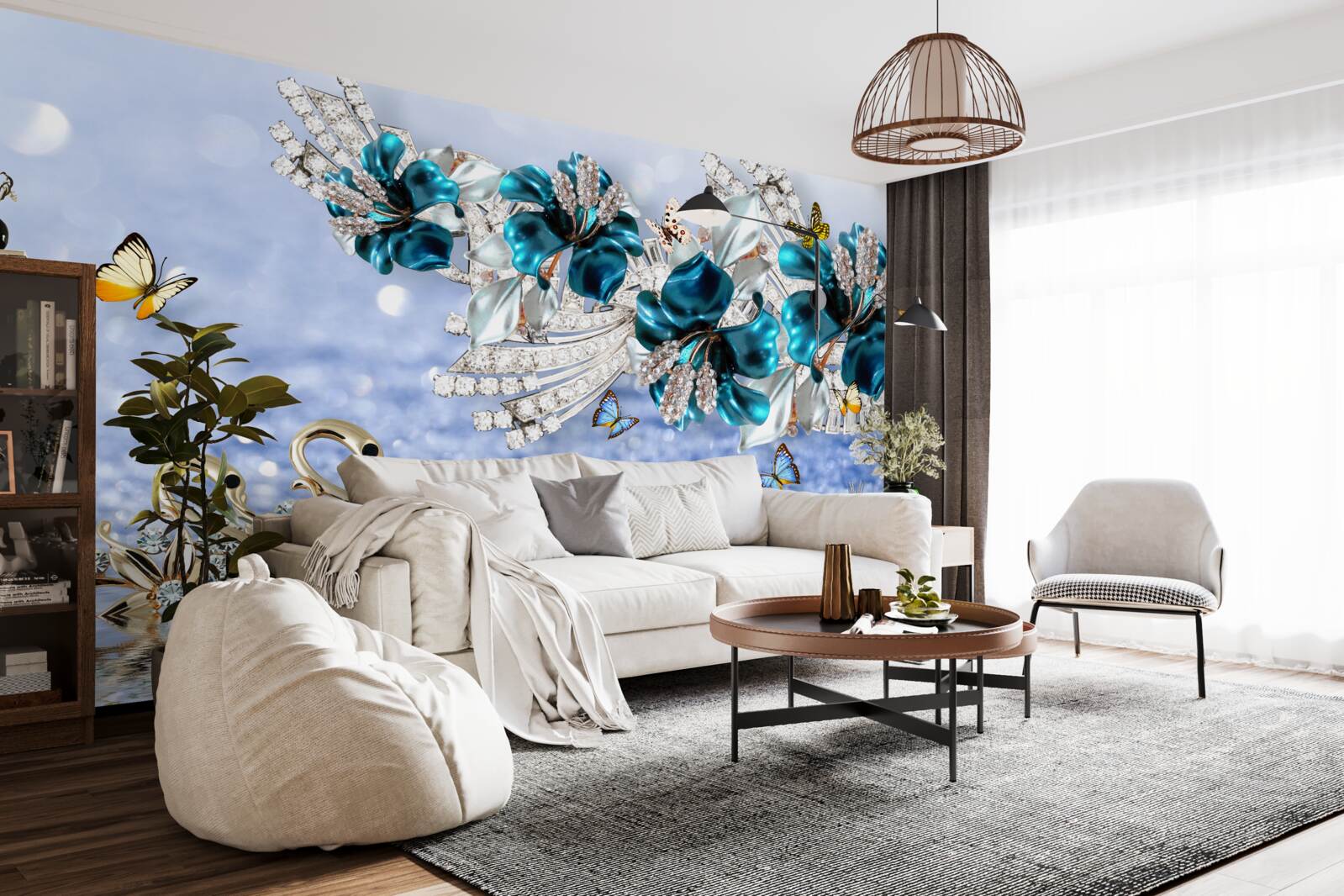 Carta da parati magnolie con fiori blu cristallino e farfalle