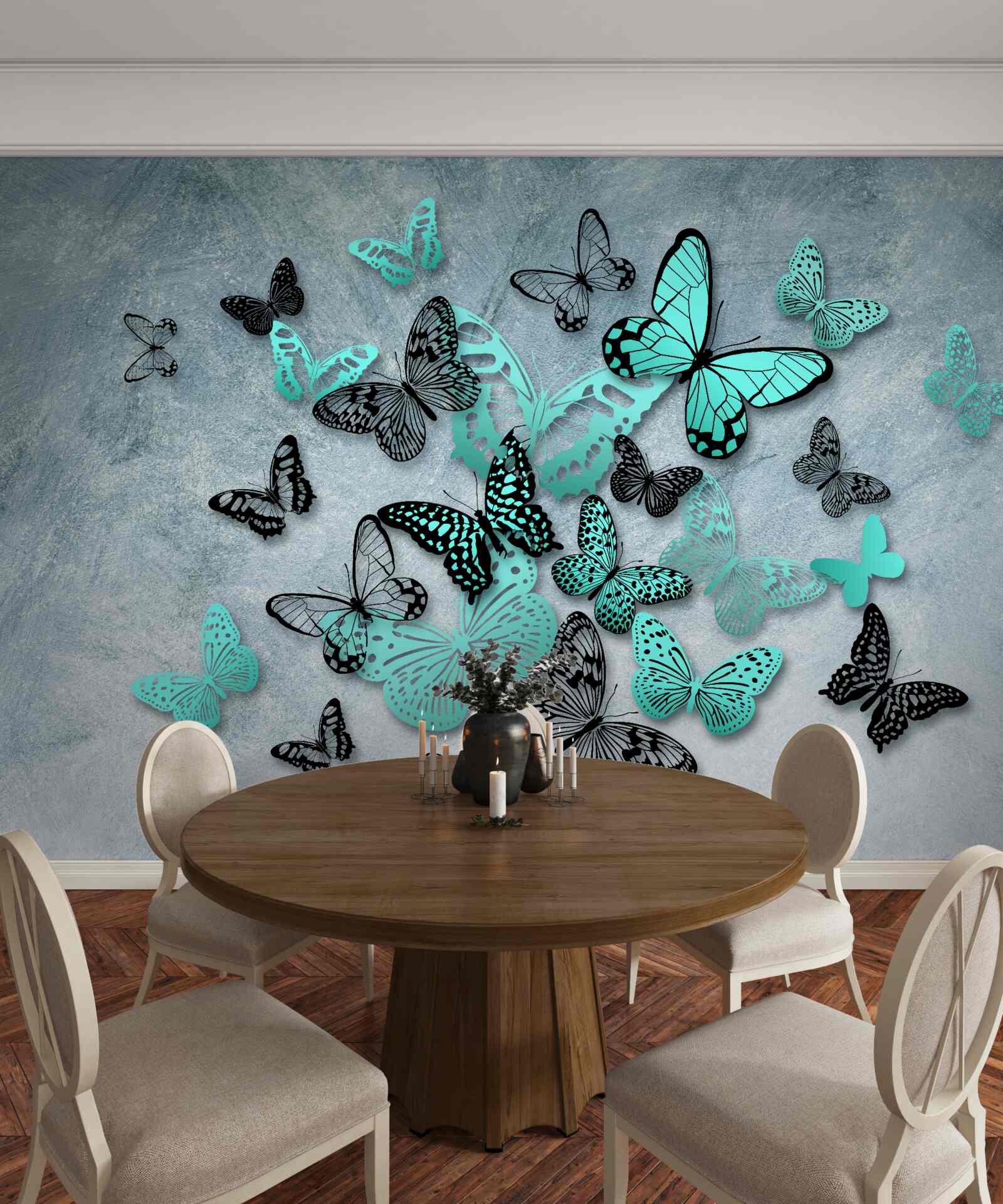 Carta da parati farfalle blu su sfondo grigio
