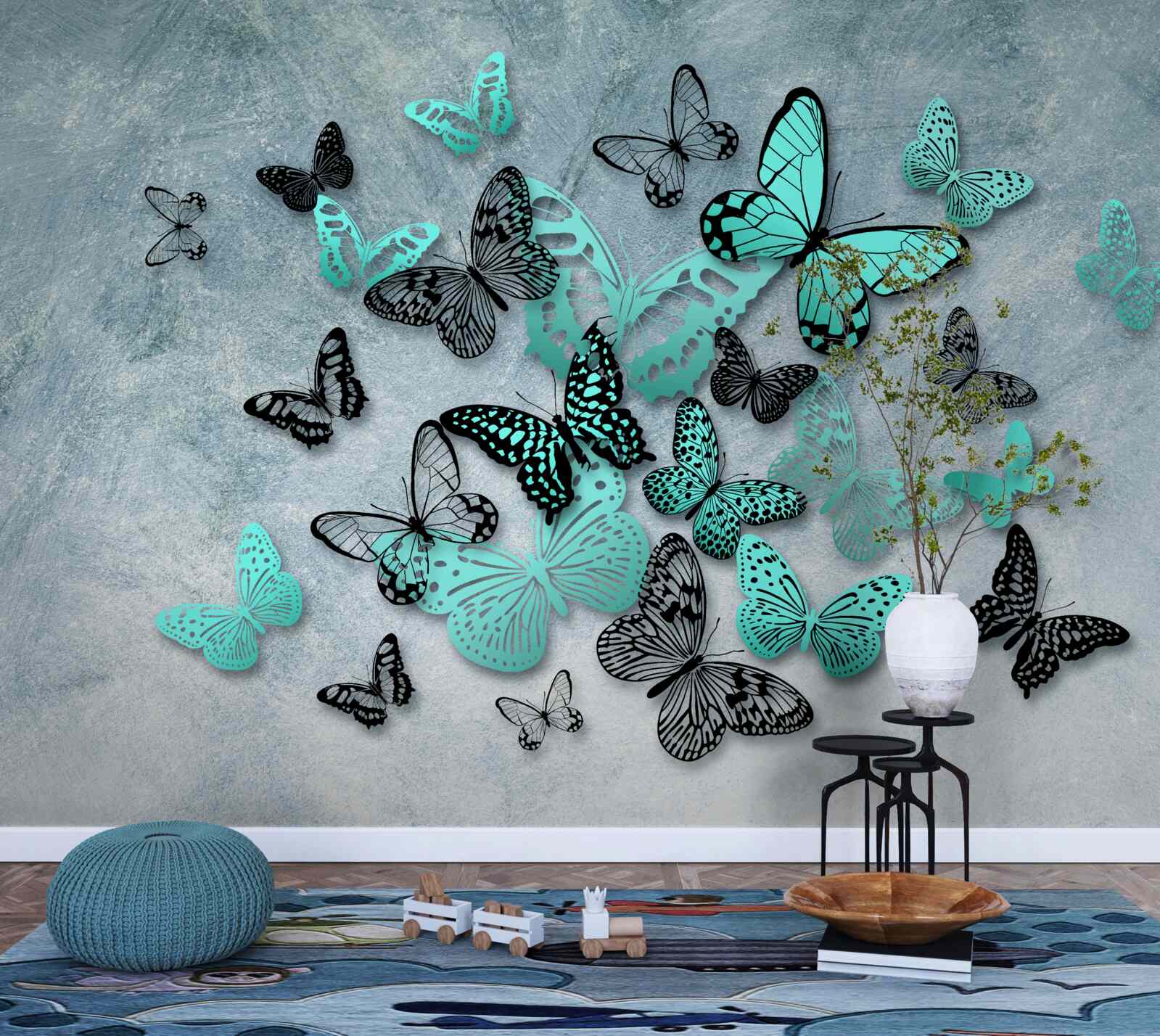 Carta da parati farfalle blu su sfondo grigio