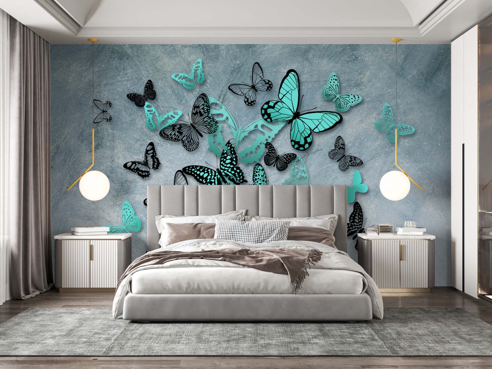 Carta da parati farfalle blu su sfondo grigio