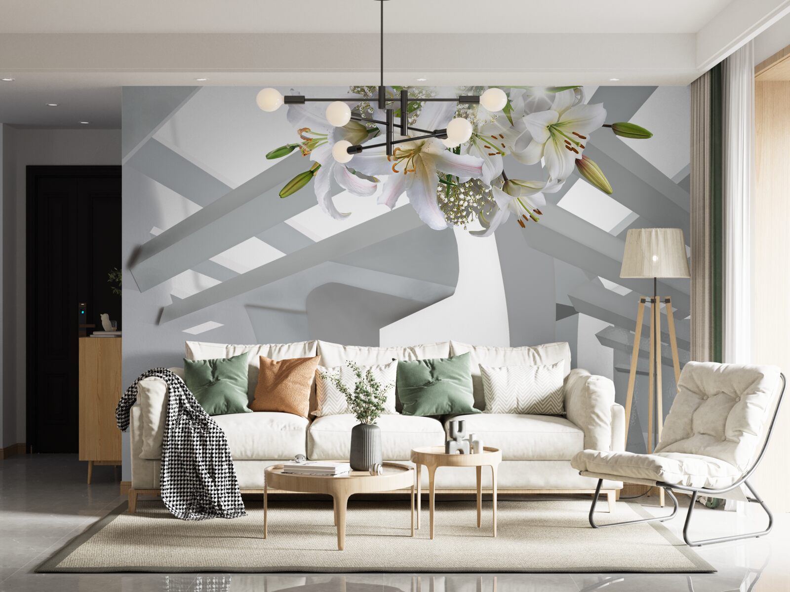 Carta da parati giglio bianco e dipinti astratti