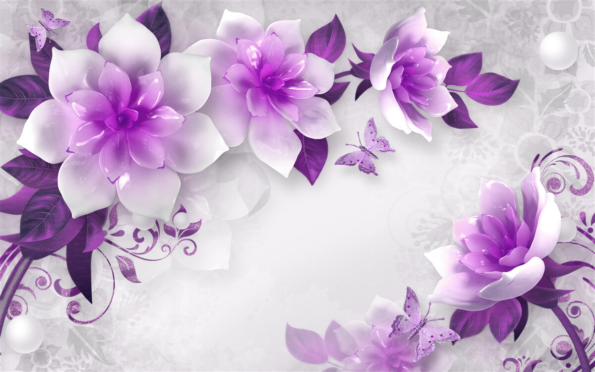 Carta da parati sfondo bianco decorato con fiori viola